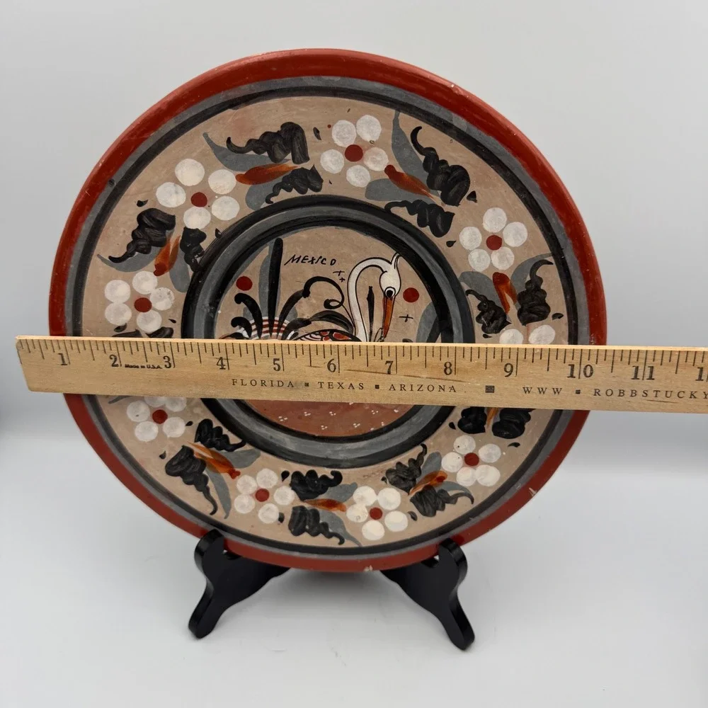 Vintage Tonala Mexico Hand Painted Pottery Wall Plate Crane Heron Folk Art 10.5